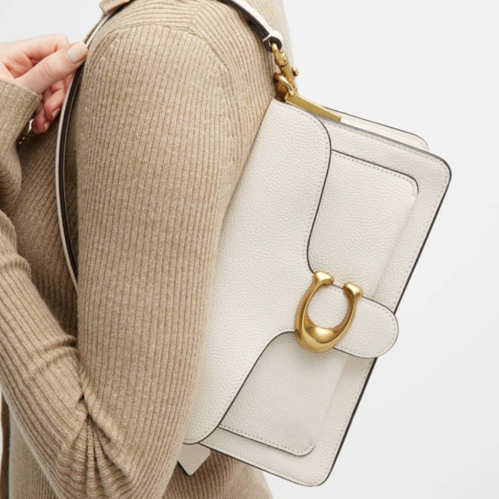COACH Logo Closure Pebbled Leather Shoulder Bag in white/chalk/brass - Picture 6 of 17
